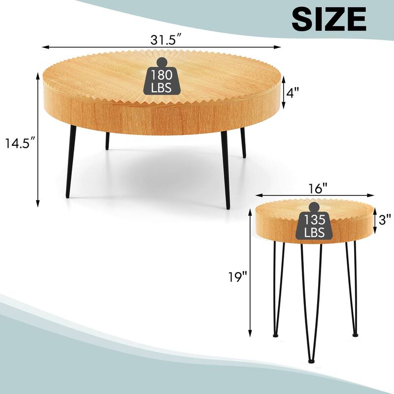 Costway Farmhouse Round Coffee Table Set of 2 End Table Natural Finish - See Details