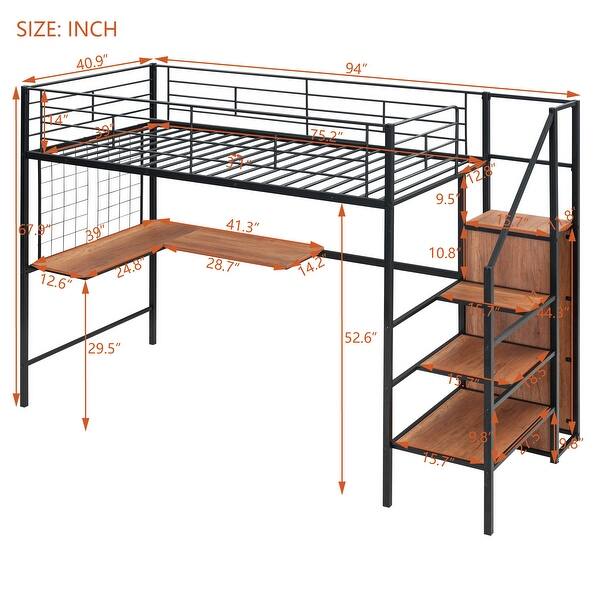 dimension image slide 0 of 2, Twin Size Metal Loft Bed with Desk, Metal Grid and Wardrobe, White