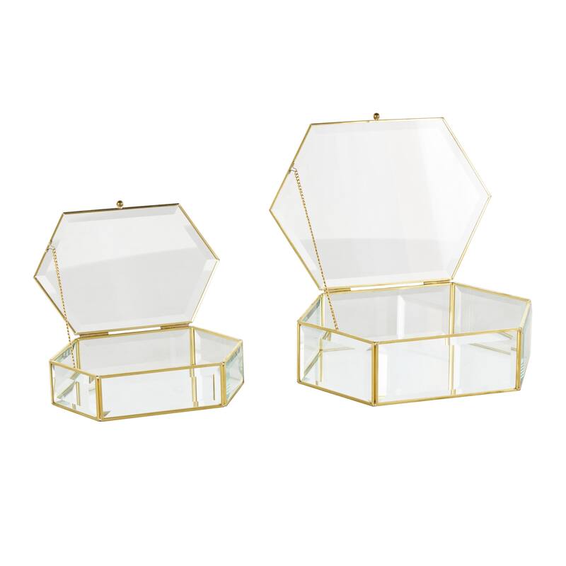 Glass Geometric Beveled Hexagon Decorative Jewelry Box with Gold Metal Frame- Set of 2 Clear - Roche River Decor