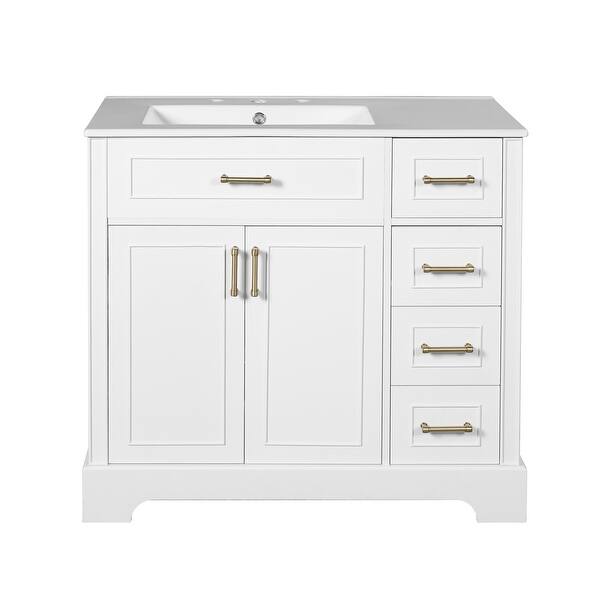 36" Luxury Bathroom Vanity With Ceramic Sink – Soft-Close Doors & Drawers, 4 Smooth Drawers, Adjustable Shelf, Modern White Finish With Gold Handles