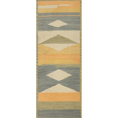Hand Woven Oriental 100% Wool Carpet Southwestern Modern Multi-Colored Kilim Runner Rug - 5' 11'' X 2' 0''