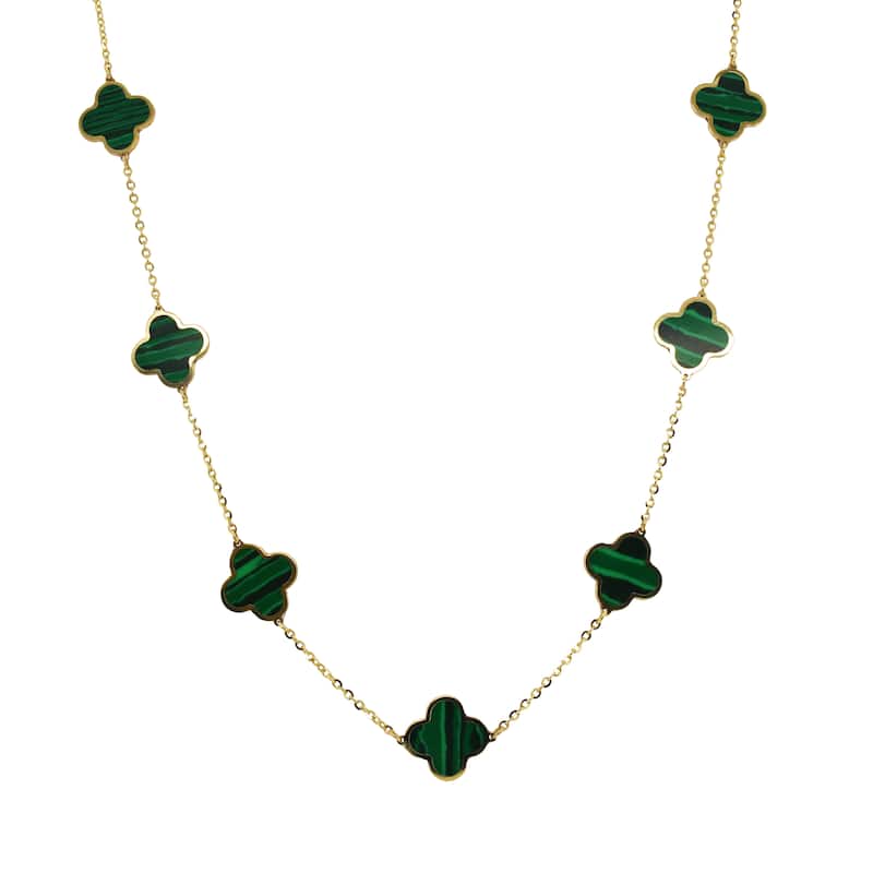 Italian Gold 14K Yellow Gold Clover Station Necklace - Made In Italy 10mm Clover 16-18 Inch Chain 3.20 grams - Green