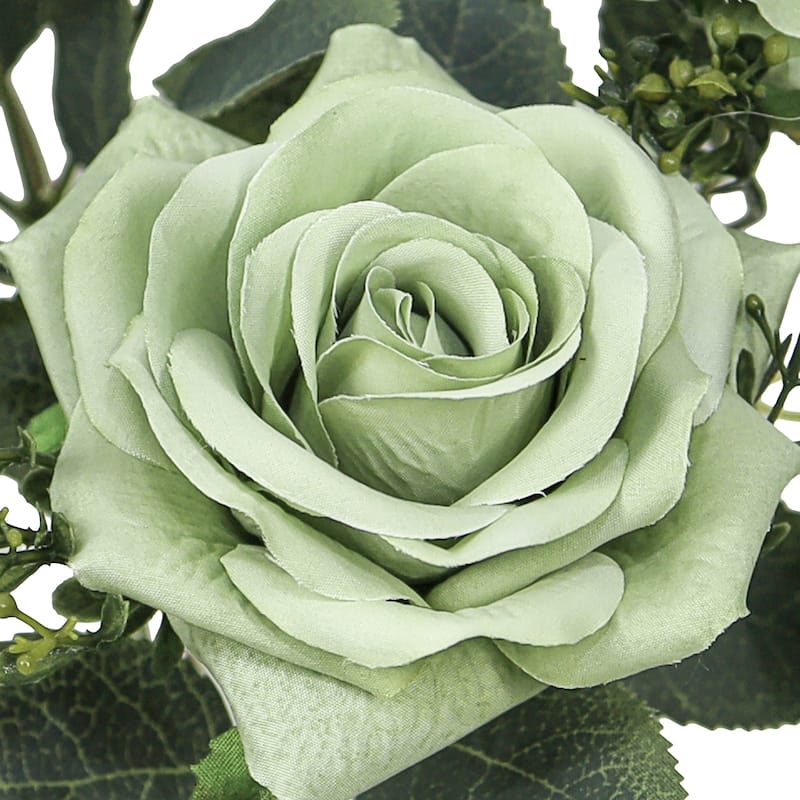 Set of 2 Sage Green Artificial Queen Tea Rose Flower Stem Bush Bouquet 17in - 17" L x 9" W x 9" DP