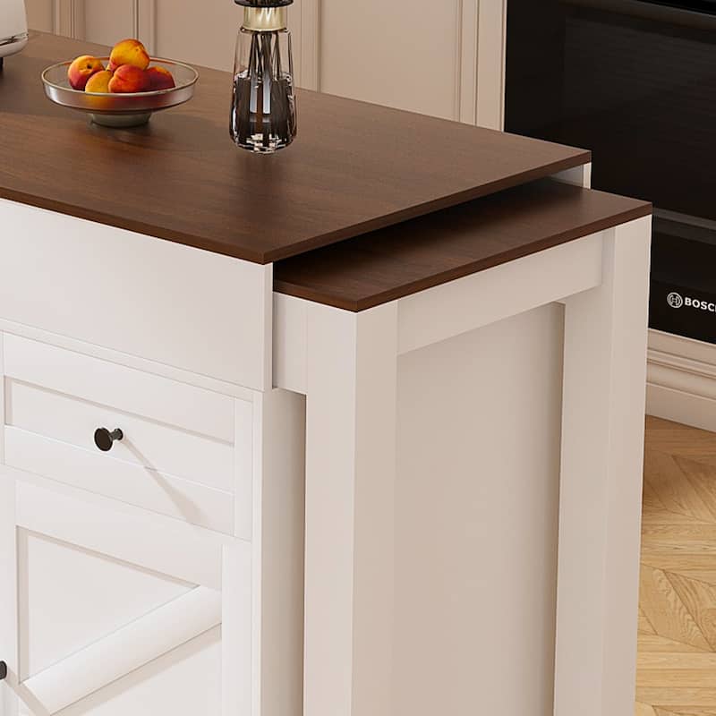 74.8"Kitchen Island with Extendable Dining Table & Power Outlet-Rolling Storage Cart on Wheels with 3 Drawers & 2 Door Cabinet