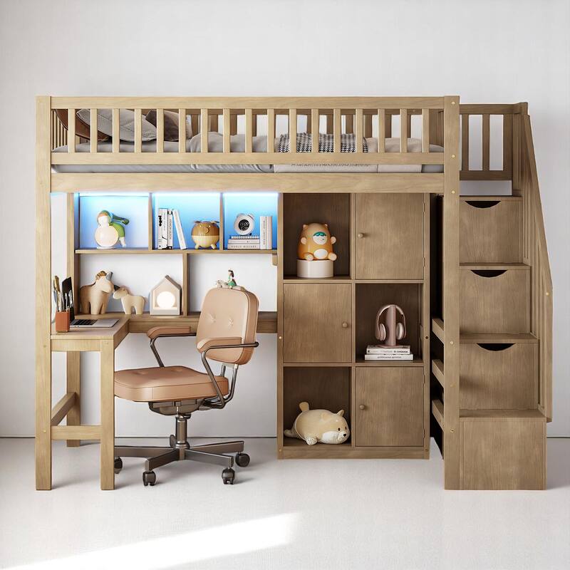 Wood Twin Loft Bed with Desk, 6 Cabinets, LED Strip, Shelves & Stair Storage - No Box Spring Needed - Walnut - Twin