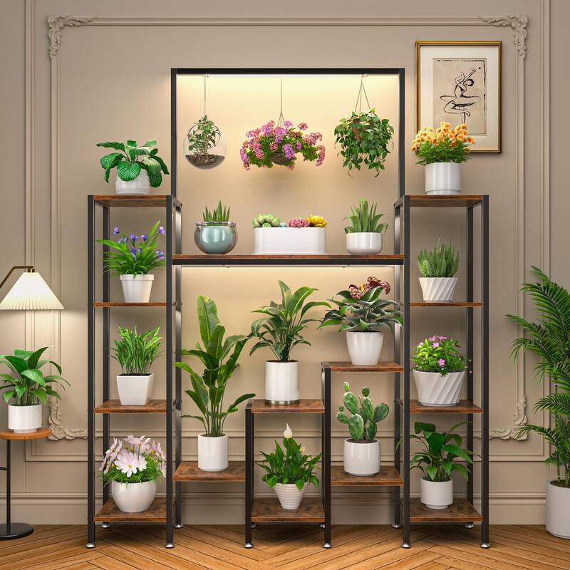 Tiered Plant Stand with Grow Lights, Ladder Book Shelf Display Rack for