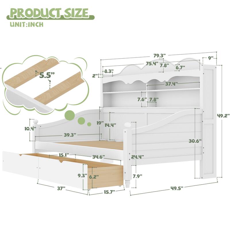 Twin Daybed with Storage Drawers and Headboard Shelving Wooden Frame