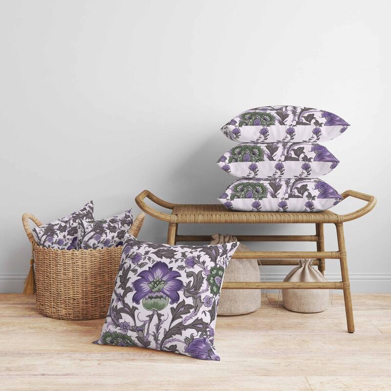 Mughal Era Garden Treasures Faux Suede Reversible Throw Pillow Grey and Lavender