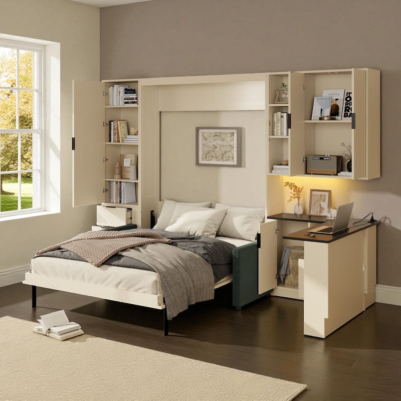 Queen Wall Murphy Bed with Hydraulic Lift Storage, Sofa, Shelves, Drawers, LED & USB Lighting for Small Spaces