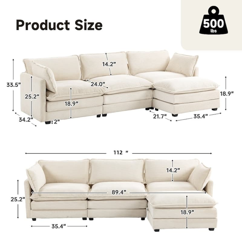 Oversized Modular Corduroy Sectional Sofa Set with Ottoman, 3-Seater / 4-Seater Deep Seat Lounge Couch for Living Room