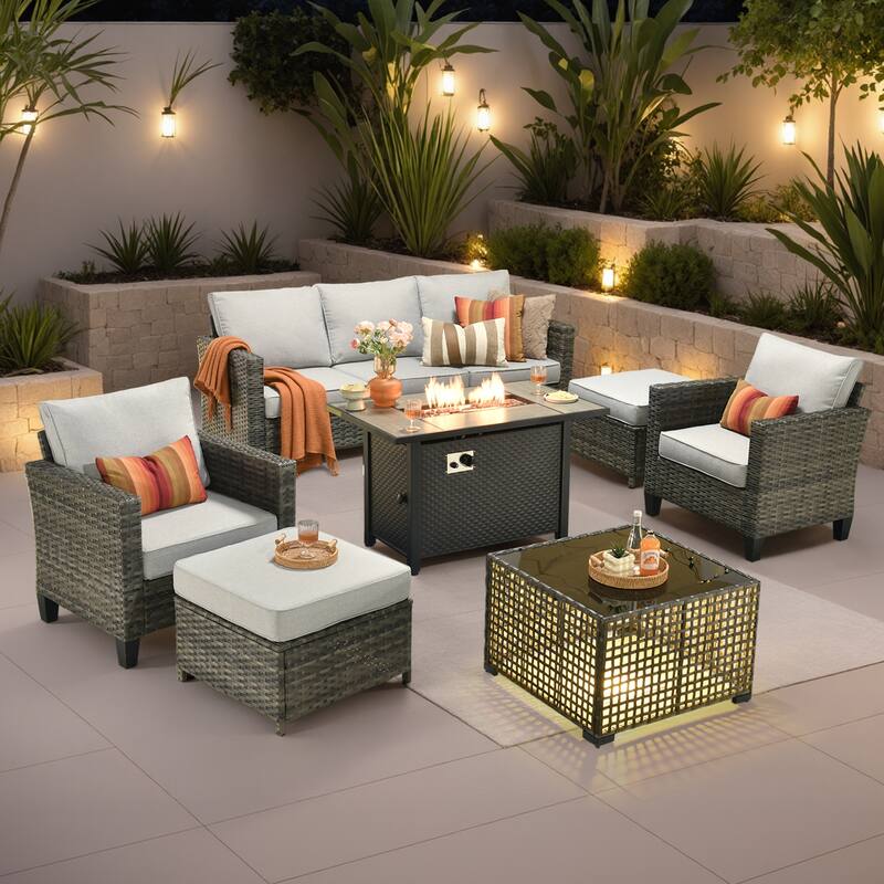 OVIOS 7 Pieces Patio Furniture Set with Solar-Powered Table & Fire Pit