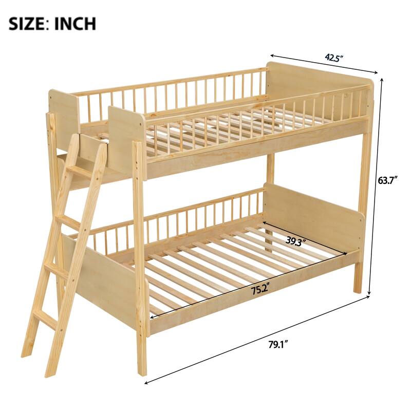 Twin Bunk Bed with 3 Storage Shelves and Reversible Ladder Pinewood