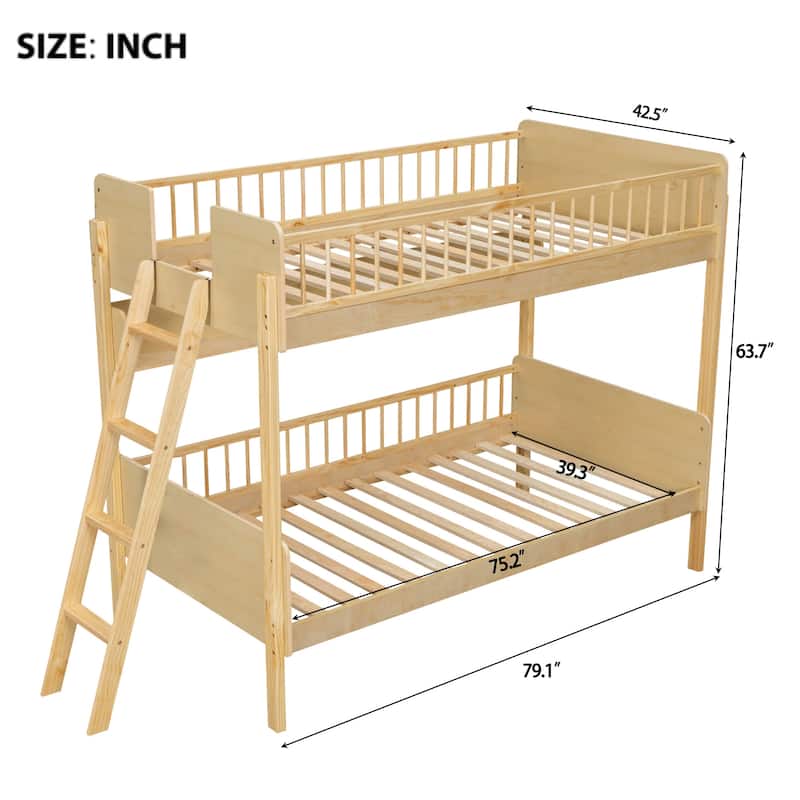 Twin Over Twin Wood Bunk Bed with 3 Storage Shelves, Reversible Ladder