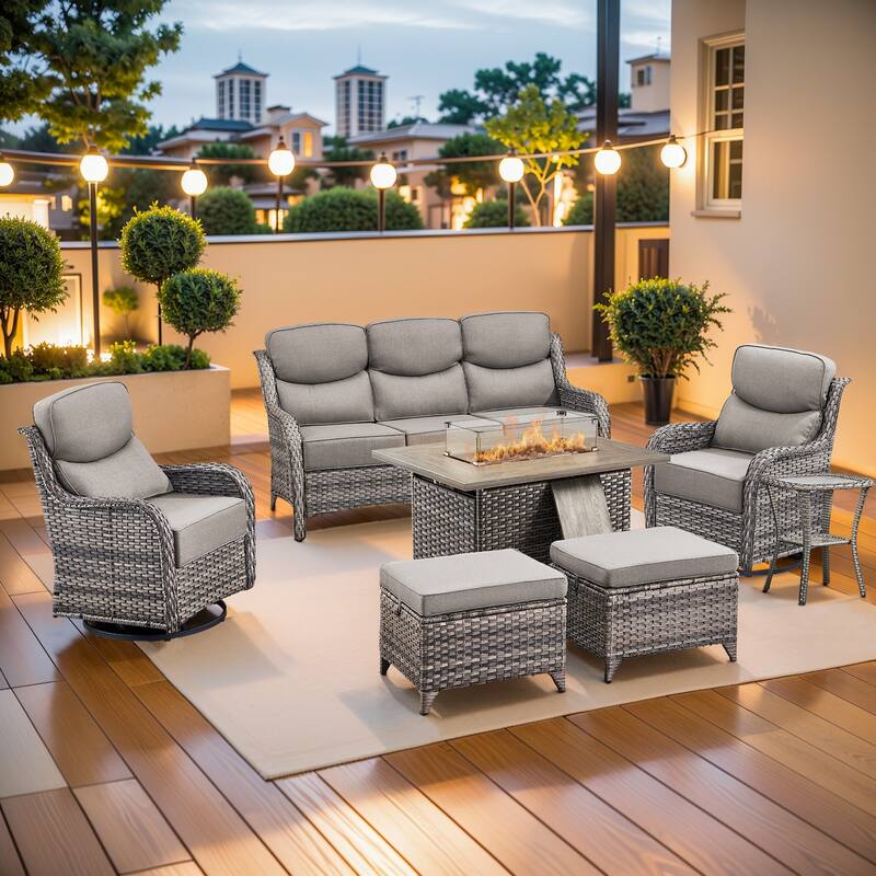Pocassy Outdoor 6 Inch Sofa Chair Ottoman with Fire Pit Table Set - Grey Wicker Gray Cushion - 7 Pieces Sofa Chair Ottoman Table w/ Fire Table