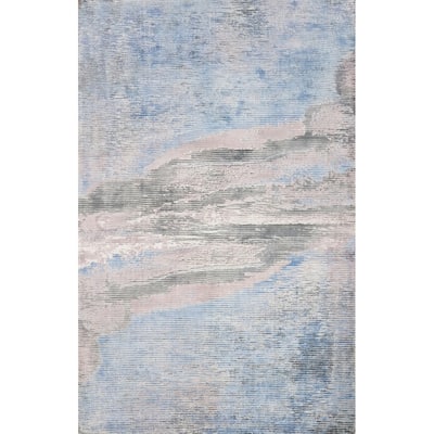 Hand Knotted Oriental Viscose Silk Carpet Modern Pictorial Navy Blue & Blues Abstract Area Rug - 7' 6'' X 5' 5''