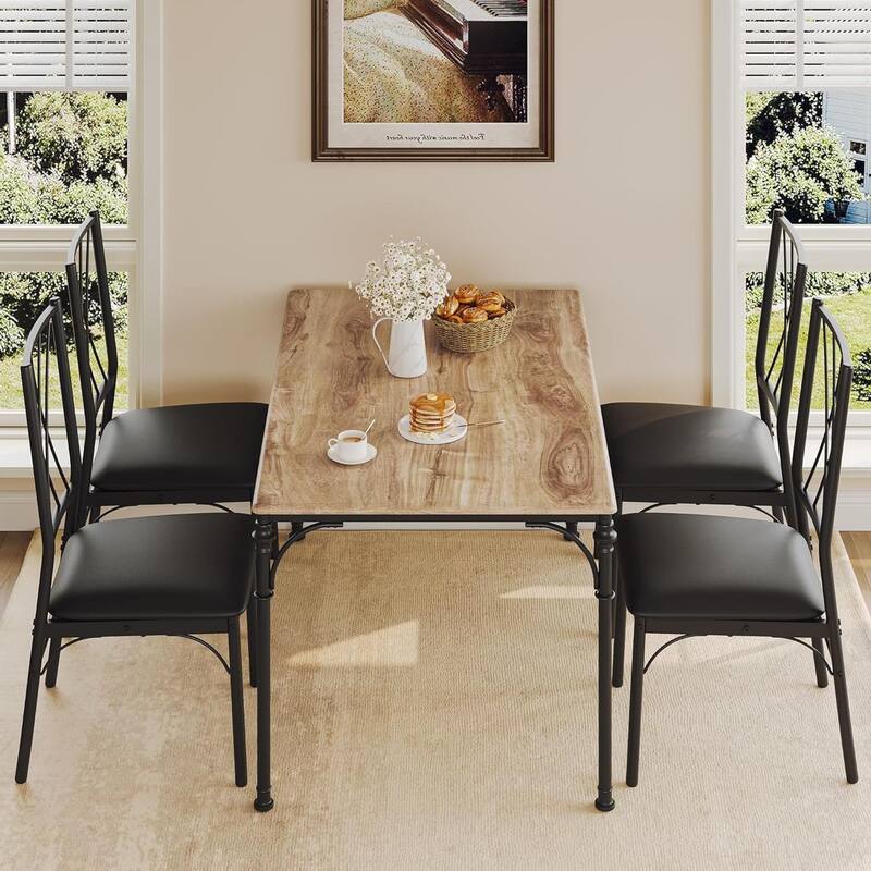 5 Piece Rectangular Kitchen Table Set, Space-Saving Kitchen & Dining Room Table for 4-6 - Wood Grain