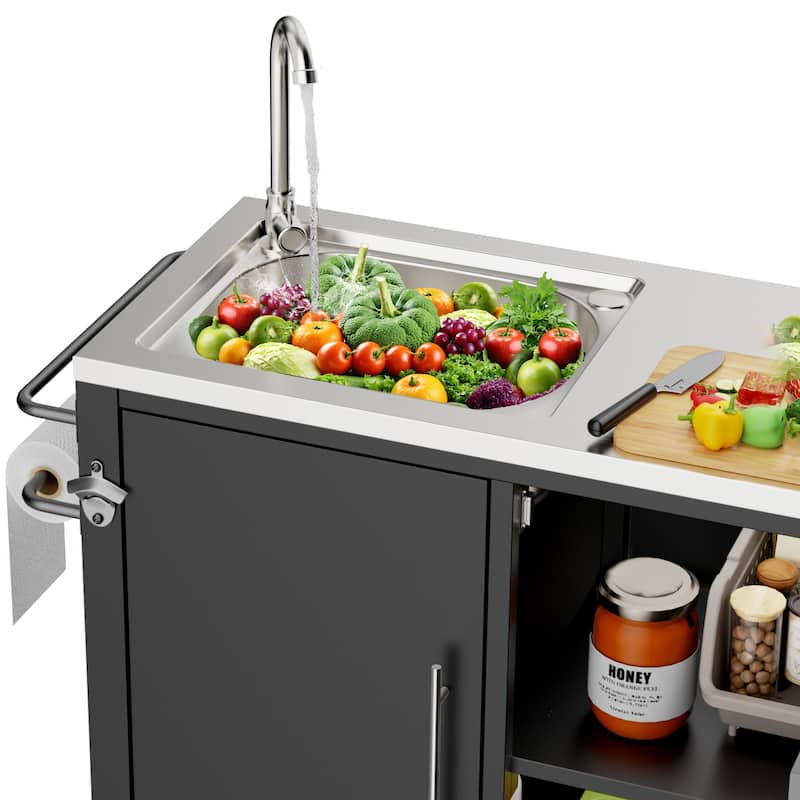Outdoor Grill Table with Sink, Grill Cart with 304 Stainless Steel Sink and Cabinet, Outdoor Grill Cart