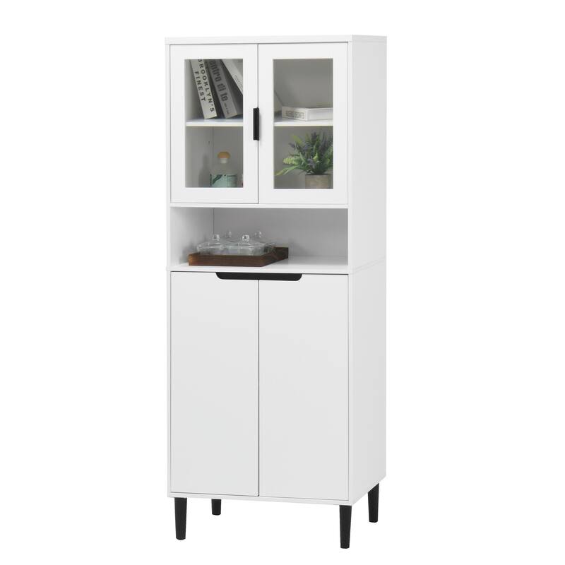 Tall Kitchen Pantry Cabinet with 2 Glass Display Doors & 2 Solid Doors