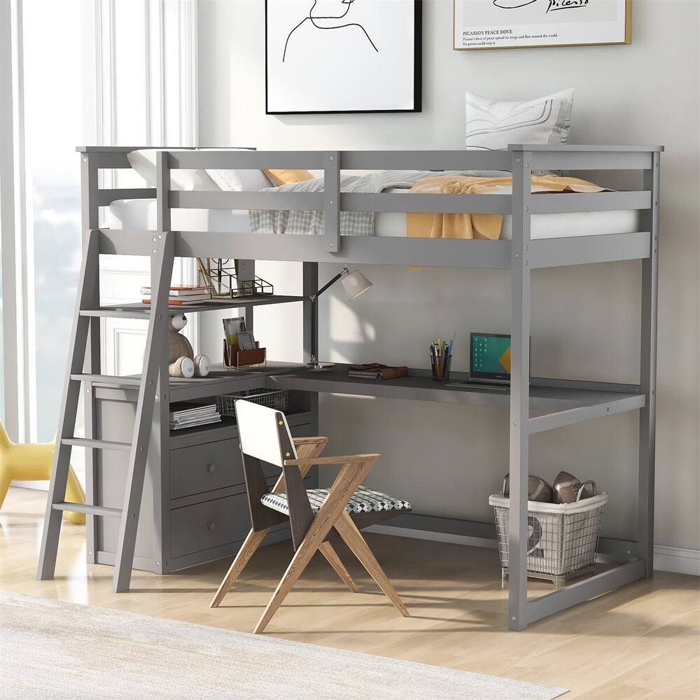 Merax Wood Loft Bed with Desk, Shelves and Drawers