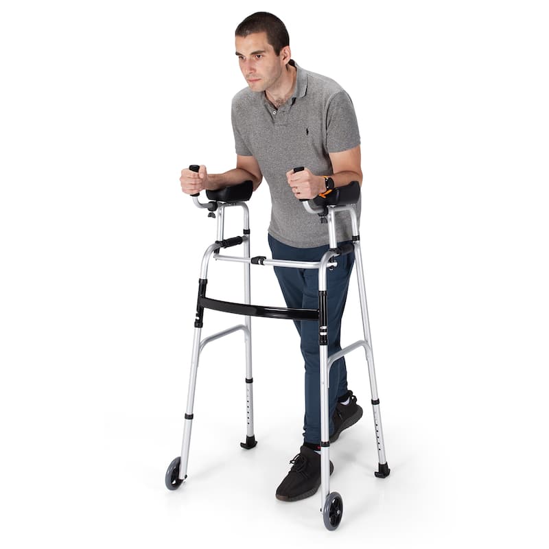 Costway Folding Wheel Walking Frame Adjustable Alloy Walker W/Armrest - See Details - Silver