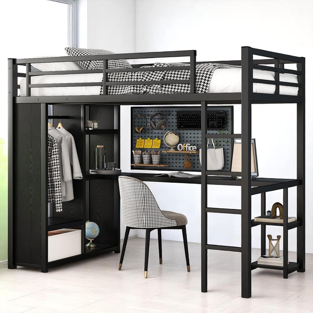 Space-Saving Twin XL/Full/Queen Size Loft Bed with Desk, Wardrobe & Storage, Metal Frame with Guardrails