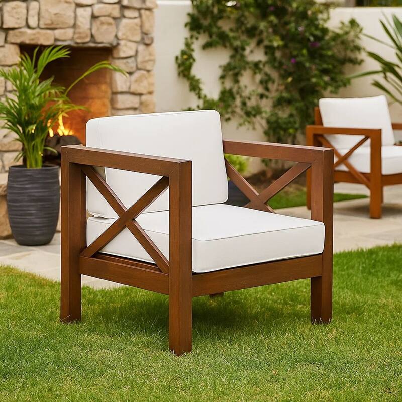 Bea Outdoor Club Chair, White Cushions, X Back Design Weathered Gray