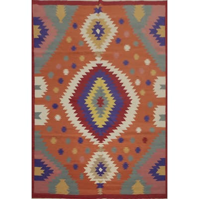 Hand Woven Oriental 100% Wool Carpet Southwestern Tribal Oranges & Rust Kilim Area Rug - 9' 8'' X 7' 11''