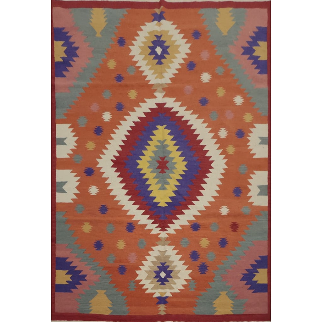 Hand Woven Oriental 100% Wool Carpet Southwestern Tribal Oranges & Rust Kilim Area Rug - 9' 8'' X 7' 11''