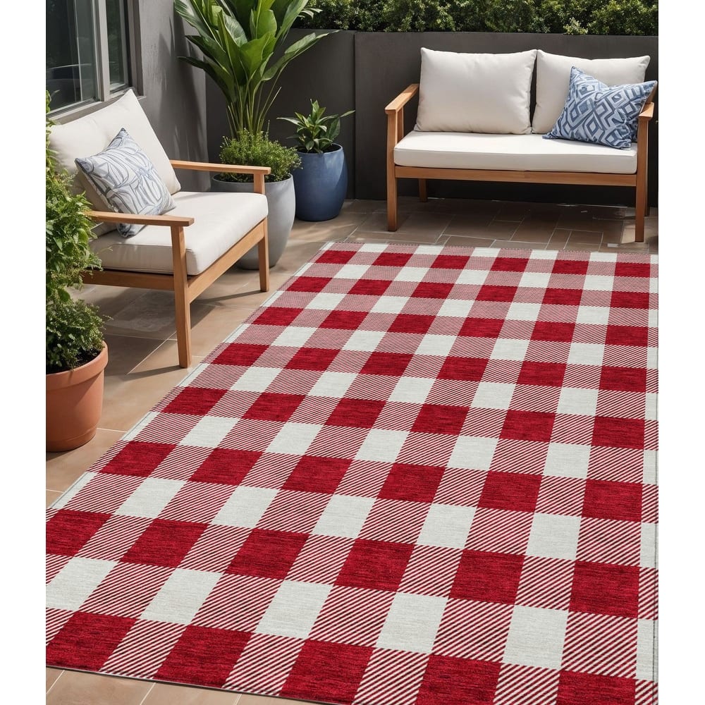 HomeRoots Plaid Transitional Rectangle Outdoor Rug