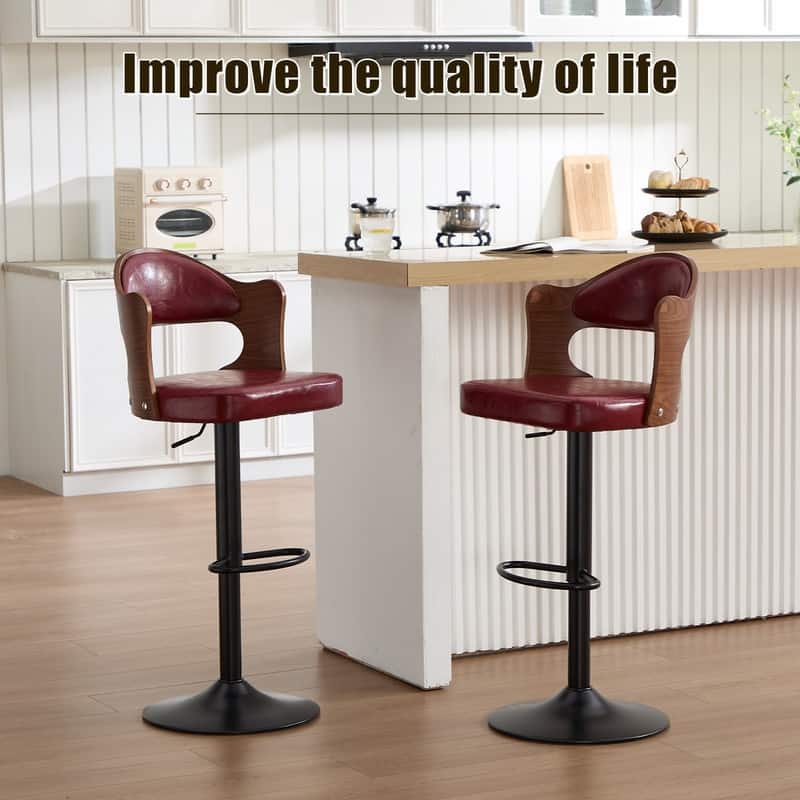 PU Leather Upholstered High-resilience Cushion 360° Swivel Adjustable Height Bar Stools with Footrest(set of 2)