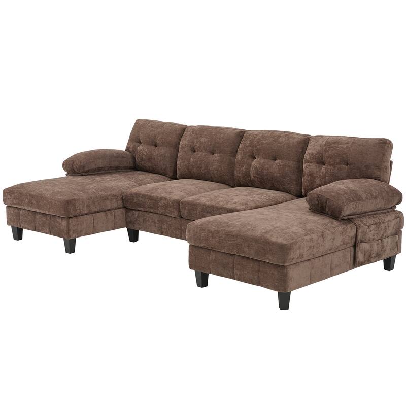 U-Shaped Modular Sectional Sofa with Dual Chaise Lounges, Chenille Fabric Cloud Couch with Storage Pockets & Armrest Pillows