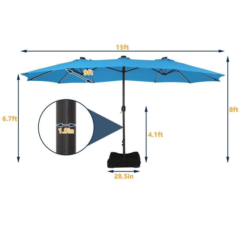 15 Ft Outdoor Solar Detachable Lights Rectangular Crank Market Umbrella with Base