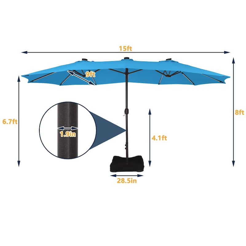 Clihome 15Ft Outdoor Solar Lights Rectangular Crank Market Umbrella, with Base