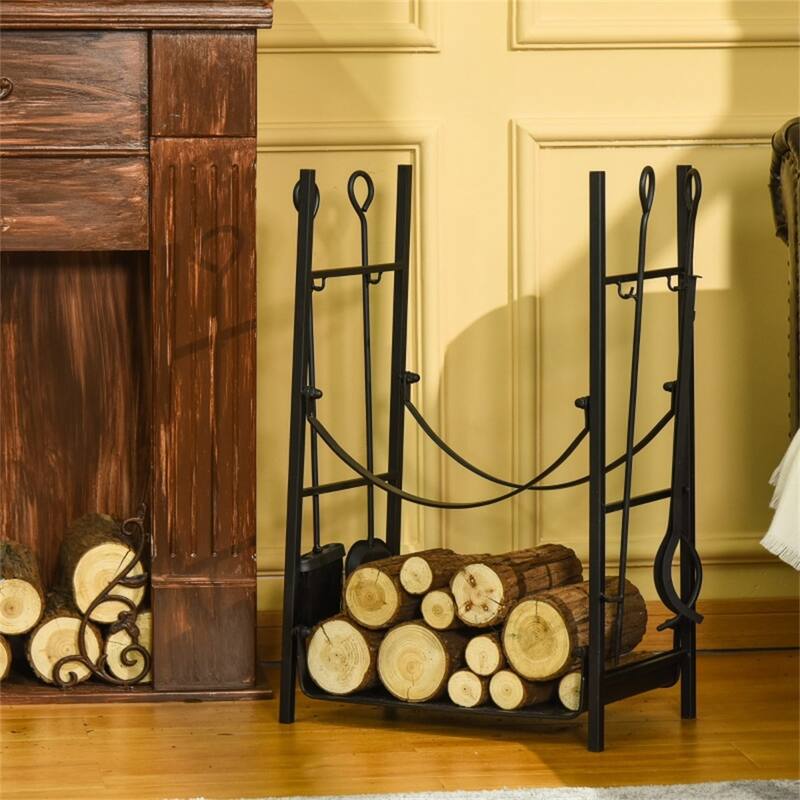 Black Steel Firewood Rack with Fireplace Tools and Off-Ground Design - 17.5" L x 11.5" W x 28.75" H