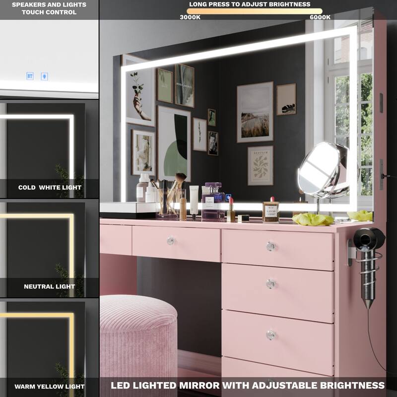 Boahaus Makeup Vanity Desk with LED Mirror & Bluetooth Speakers