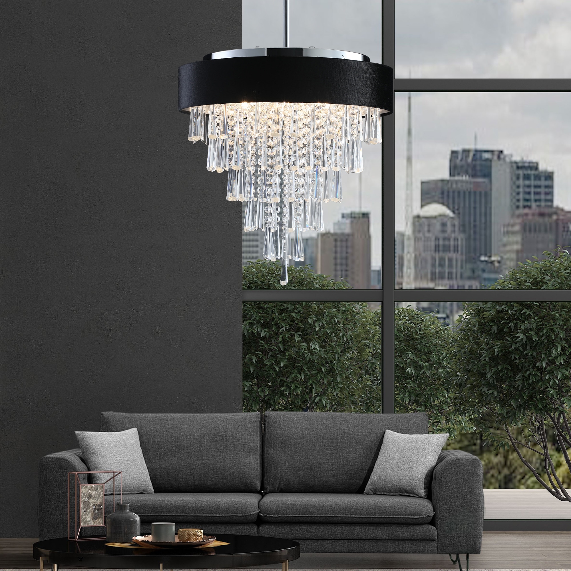18" Modern Crystal Chandelier with Black Velvet Shade - Adjustable Height 8-Light G9 Base Fixture (Bulbs Not Included).