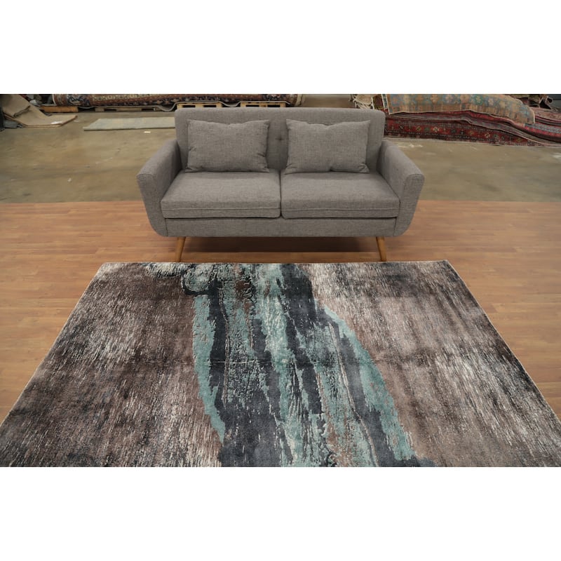 Hand Knotted Oriental Viscose Silk Carpet Modern Pictorial Multi-Colored Abstract Area Rug - 7' 6'' X 5' 7''