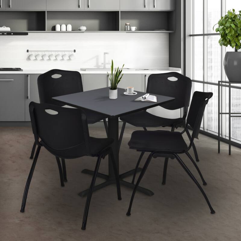 42 in. Square Breakroom Table- Grey & 4 'M' Stack Chairs- Black
