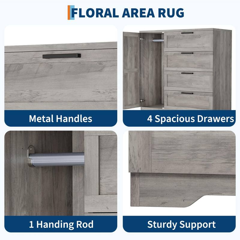 43.3'' Small Wardrobe Closet, Wardrobe Cabinet with Door, 4 Drawers and Handing Rod, Wooden Clothes Cabinet