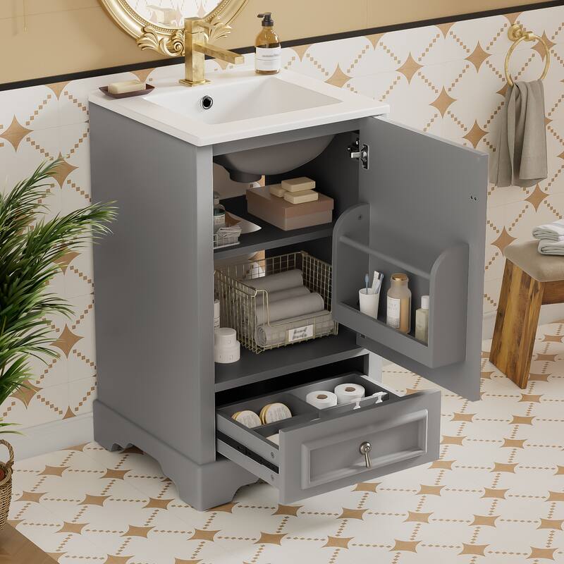 20" Bathroom Vanity with Ceramic Sink Bathroom Storage Cabinet with Adjustable U-Shaped and Drawer
