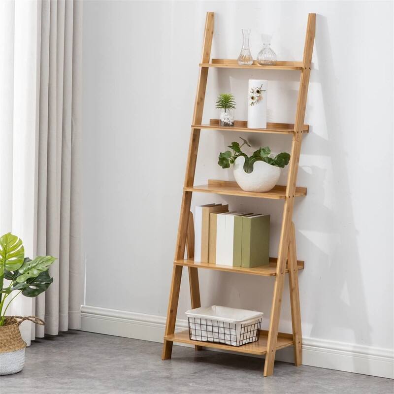 5 Tier Ladder Shelf Bookcase - 12"D x 21"W x 59"H - Wood Color
