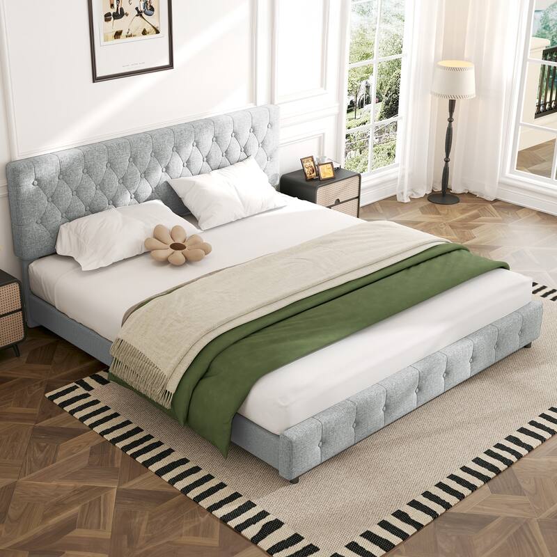 Linen Upholstered Headboard Bed Frame with Large Hidden Storage, 4 Underbed Drawers with Pulleys
