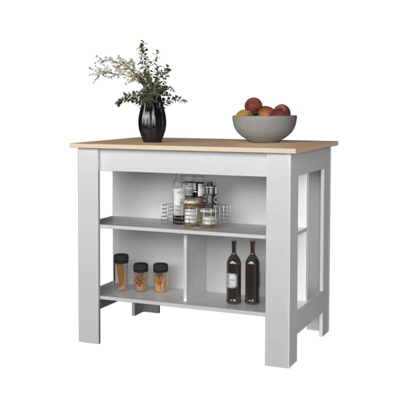 Modern Mahogany and White Kitchen Island, 3 Open Shelves for Easy Access and Storage