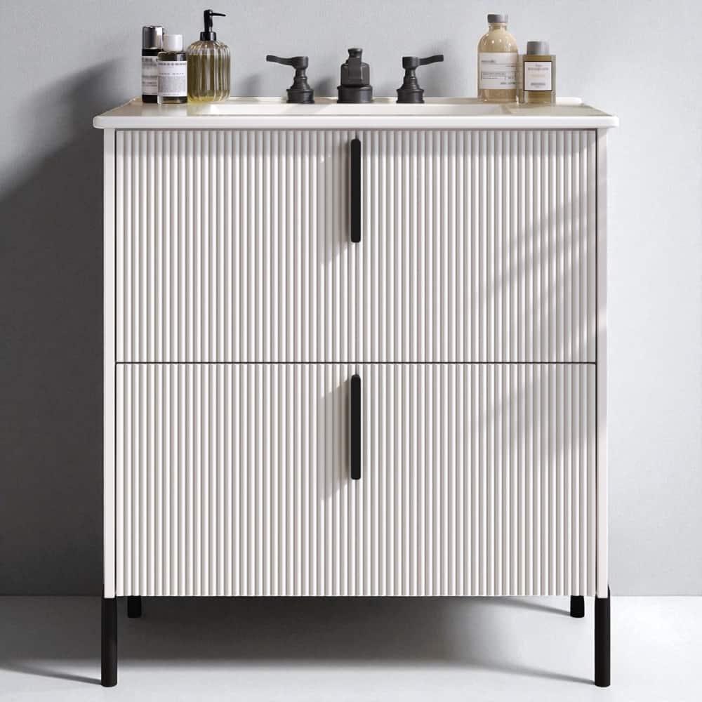 30" Bathroom Vanity with Ceramic Sink, Full-Extension Drawers, Soft-Close Undermount Slides and Fluted Design