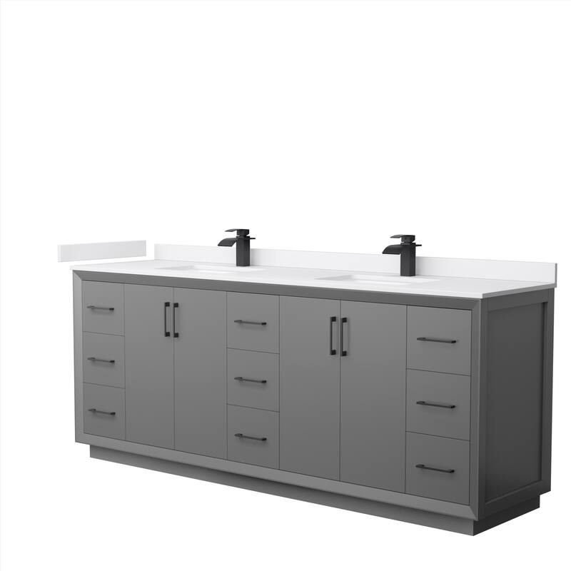 Strada 84-Inch Double Vanity Set, Cultured Marble Top - Dark Gray, Black Trim, White Cultured Marble Top