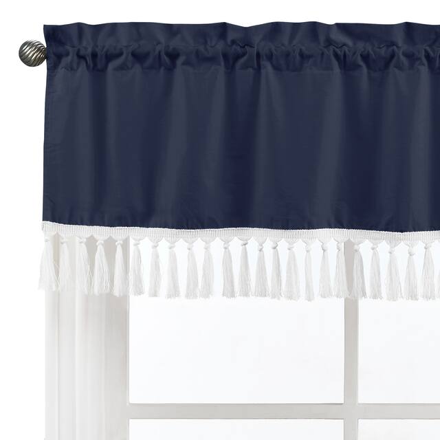 Navy Boho Bohemian Window Curtain Valance - Solid Color Blue and White Farmhouse Chic Minimalist Tassel Fringe Macrame
