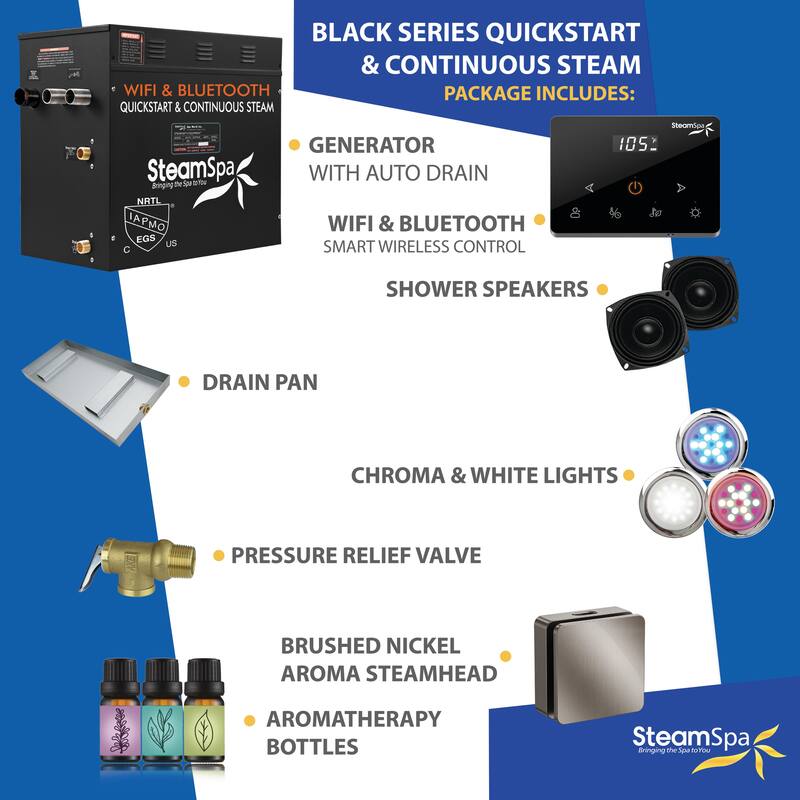 Black Series 9KW Steam Bath Generator with Fully Wireless Remote, BLUETOOTH, WIFI, and Auto Drain - 9 KW