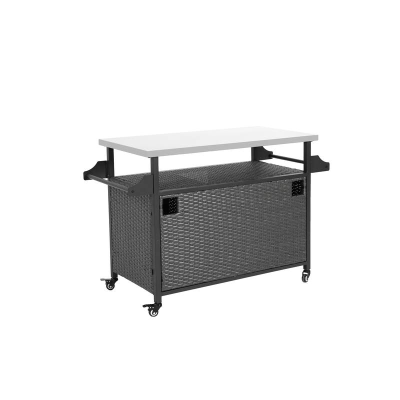 Large bar cart,Outdoor Kitchen Wicker Island Rolling Cart & Storage Cabinet, Wheels and Stainless Steel Extended Table Top
