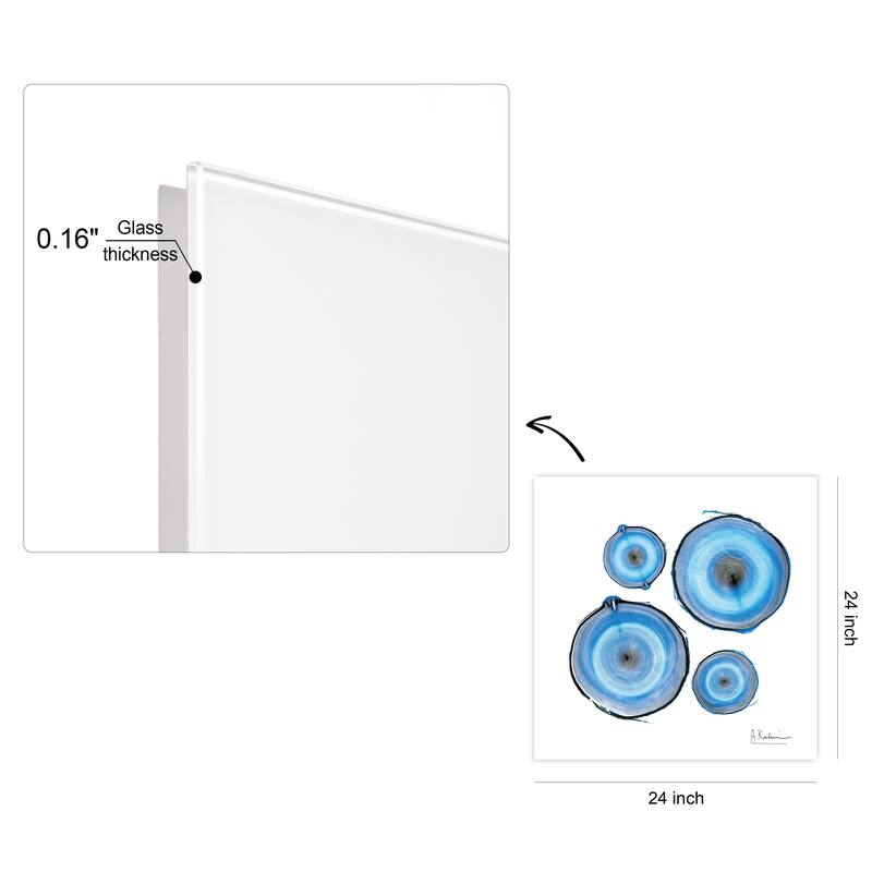 "Mineral Rings II" Abstract Wall Art on Frameless Free Floating Tempered Glass Panel - Blue