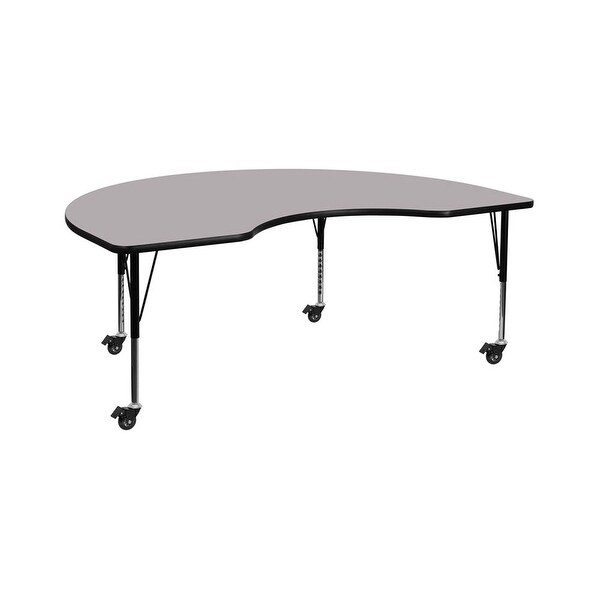 Offex 48"W x 96"L Mobile Kidney Shaped Activity Table with Grey Thermal Fused Laminate Top and Height Adjustable Pre-School Legs